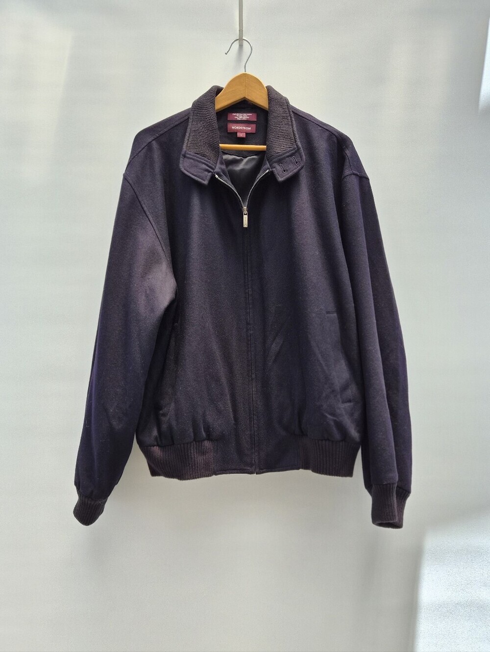 Vtg Nordstrom Wool Blend Zip Bomber Jacket Size L Dark Navy Purple Minimalist